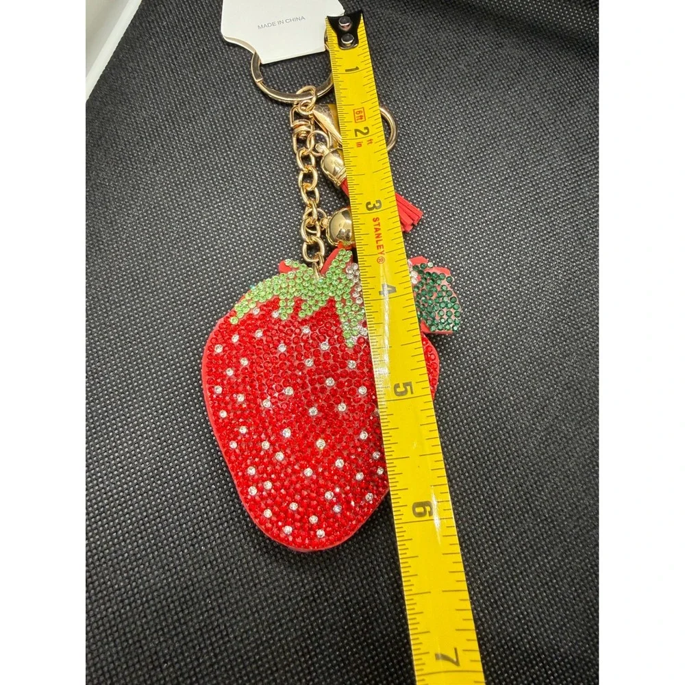 Puffy Red Rhinestone Strawberry Keychain Tassel Bell Bag Charm Gold Tone